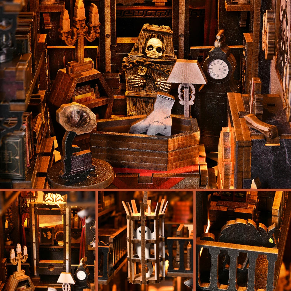 Book Nook Kit Dark Family DIY Wooden Puzzle Gothic Style Halloween Bookshelf Dollhouse Model Bookend Building Home Decoration