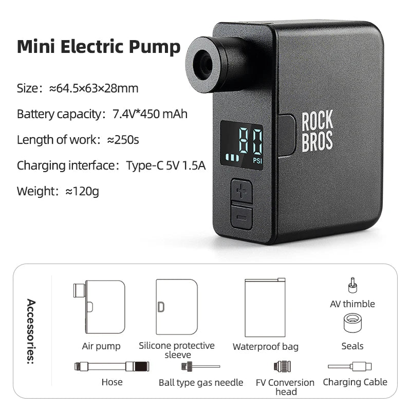 ROCKBROS Portable Mini Electric Bicycle Pump 120PSI Type-C Bike Tire Air Inflator Pump MTB Road AV FV Valve Cycling Pump