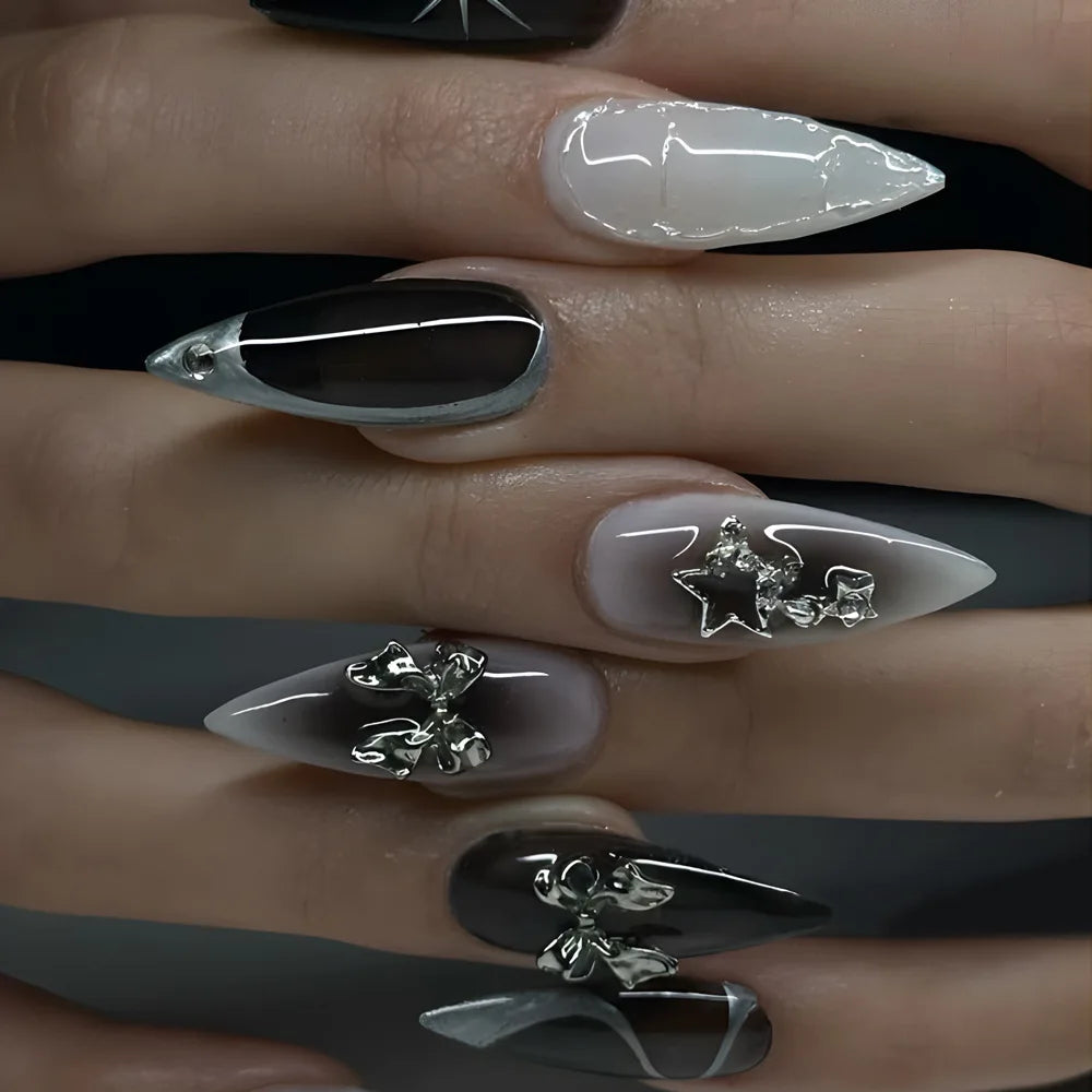 Black Bat Press On Nails, 24 Pieces Almond False Nails with Rivet and Bow Details, Reusable Halloween Nail Tips