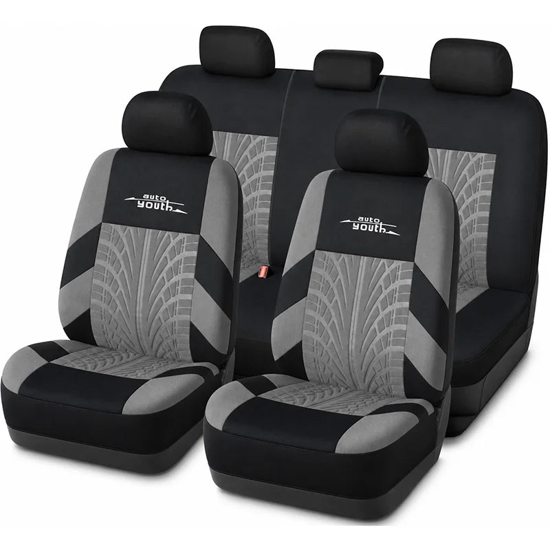 AUTOYOUTH Embroidered Car Seat Covers Full Set, Universal Fit with Tire Track Detail
