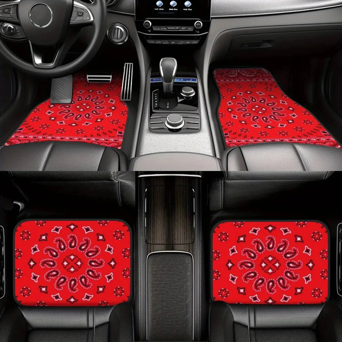 Red Bohemian Paisley Car Floor Mats, 4-Piece Universal Anti-Slip Auto Carpet Set
