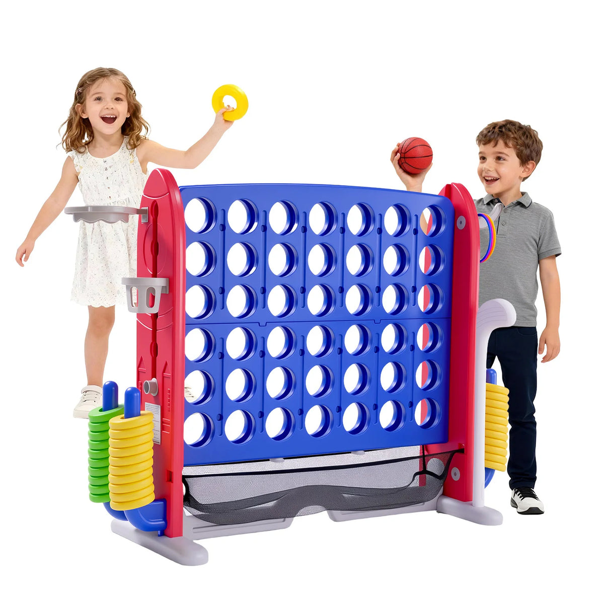 4-in-1 Giant Connect Game Set Adjustable Height, Basketball Hoop, Ring Toss and Net Jumbo Outdoor Yard Game for Families Events
