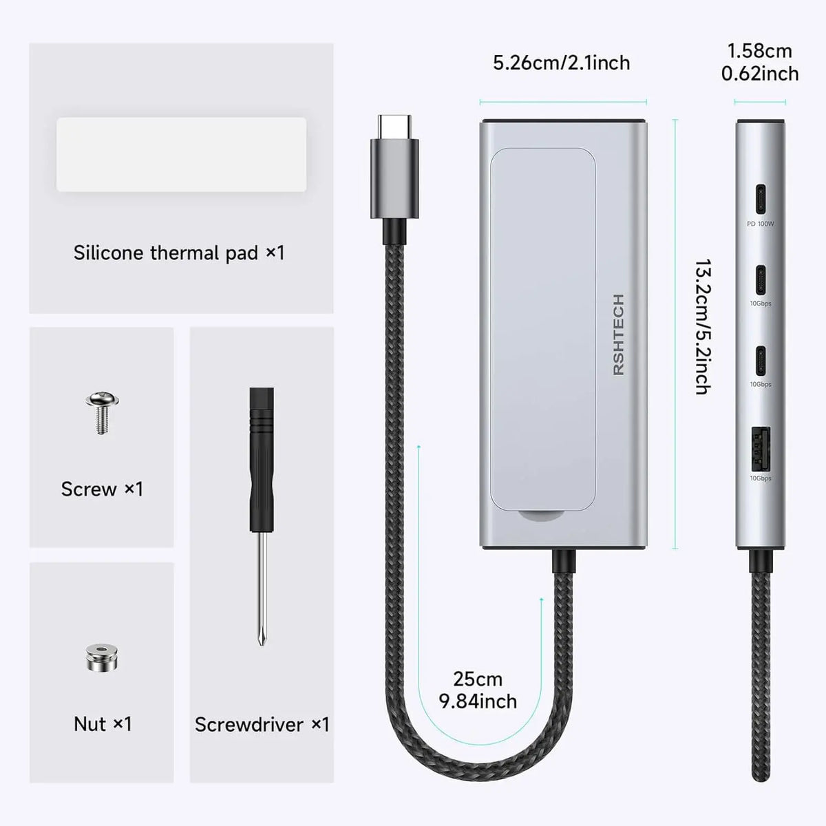 RSHTECH 5-in-1 Aluminium USB-C Hub with M.2 NVMe and SATA SSD Enclosure, 10Gbps, 3 USB 3.2 Ports, 100W Power Delivery