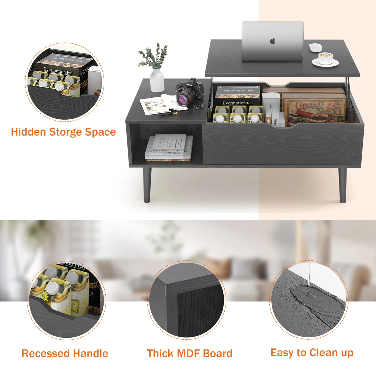Lift-Top Coffee Table with Hidden Storage Shelf, 39 x 20 Inch