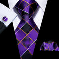 Designer Mens Tie Jacquard Necktie Pocket Square Cufflinks Set Purple Black Plaid for Male Men Wedding Busniess Party Ties Gift