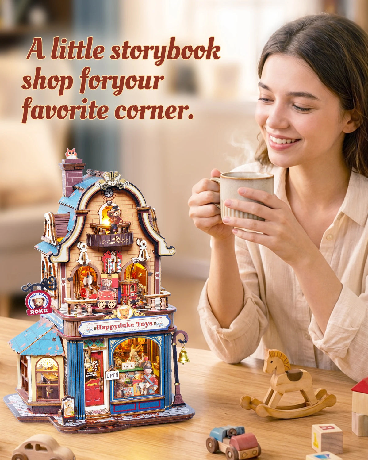 ROKR Wooden 3D Puzzle Happyduke Toys Music Box Model Building Kit with LED Light for Home Decor Mini Dollhouse DIY Toys Holiday Gift for Adults Teens