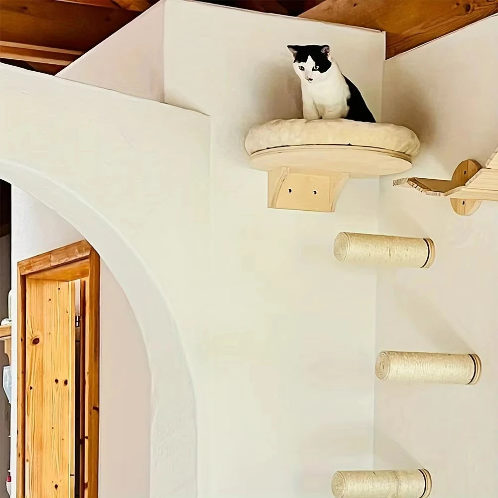 Wall-Mounted Wooden Cat Climbing Ladder with Hammock and Scratching Post