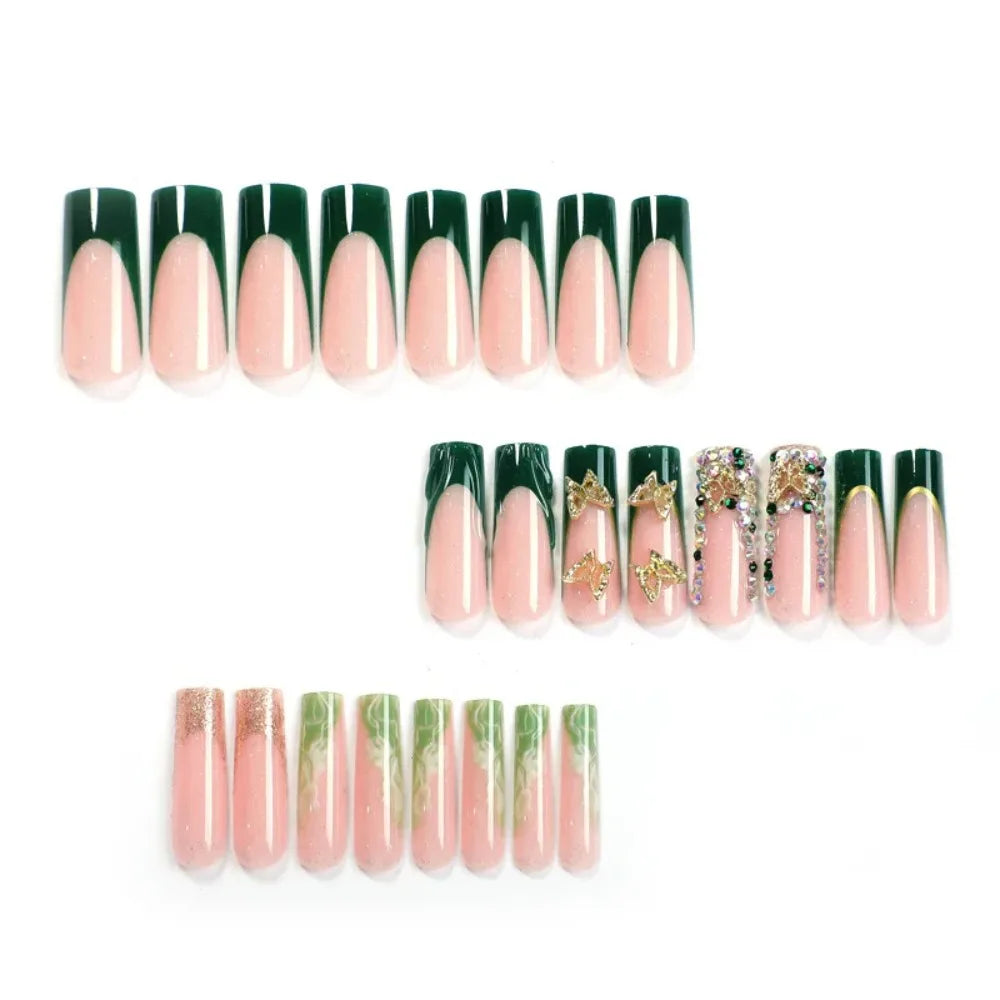 24Pcs Green French Golden Butterfly Square Press On Nails,Reusable Removable,For Daily Wear,High Quality Nail Art