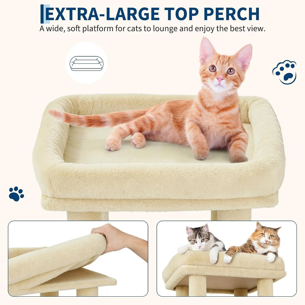 61 Inch Large Cat Tree Tower with 7 Scratching Posts 2 Cat Condos Top Perch Multi Level Cat Climbing Tree Furniture with Hanging Toys Anti Toppling Design for Indoor Cats Multi Cat Homes