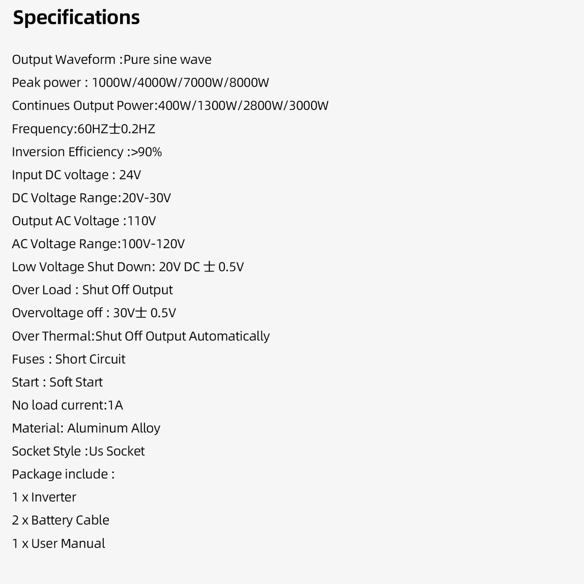 US Socket 24V To AC 110V 60HZ Pure Sine Wave Inverter Car Power 1000W/4000W/7000W/8000W Voltage Portable Converter with LED