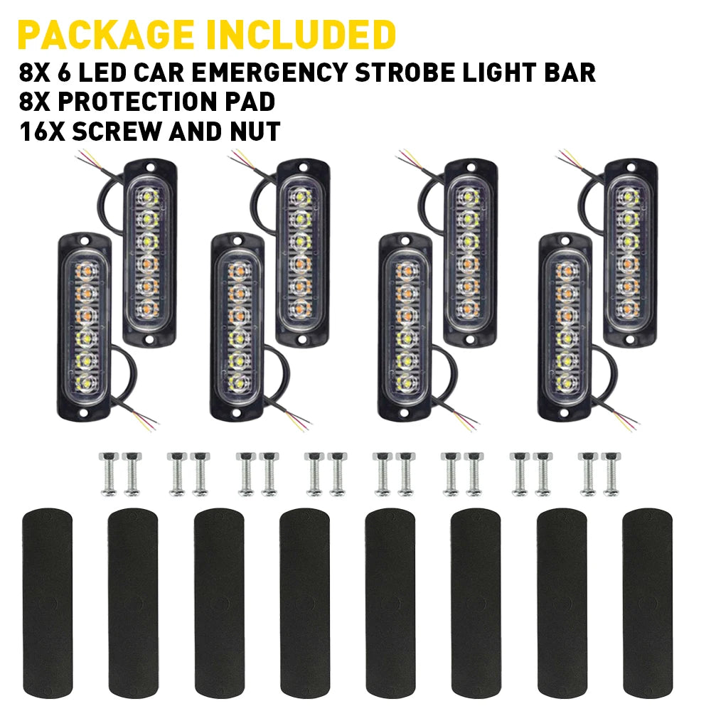 8Pcs Amber White 6LED Car Truck Emergency Beacon Warning Hazard Flash Strobe Light 12V-24V For Engineering Vehicles Car LED Lamp