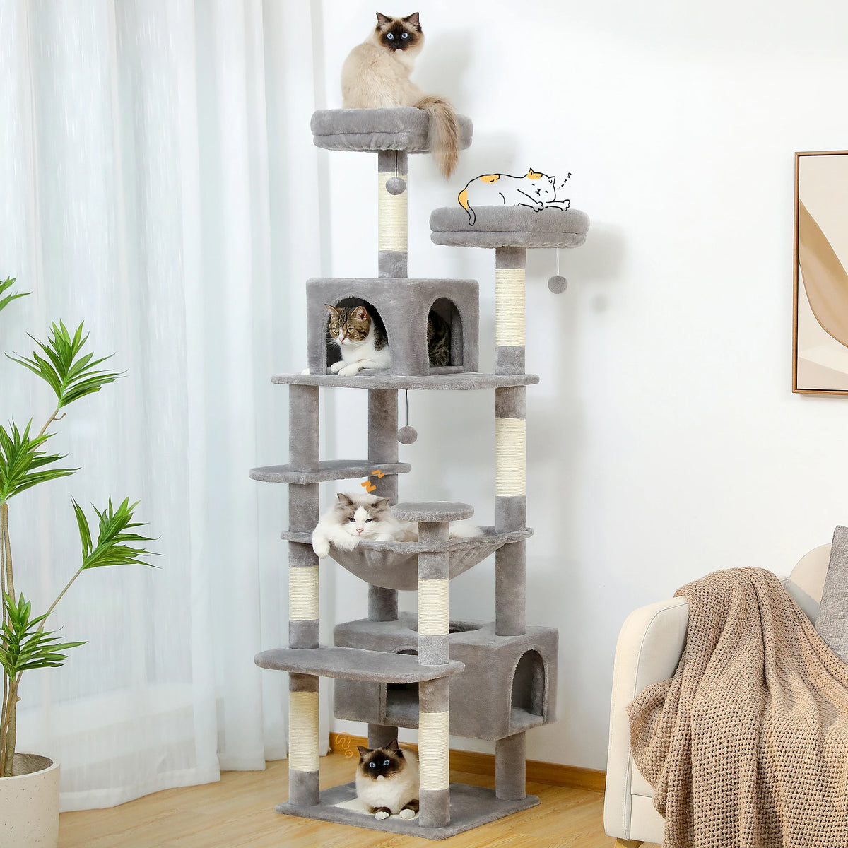 Large Cat Tree and Tower for Indoor Cats with Sisal Scratching Posts, Hammock, Padded Perches and Condos