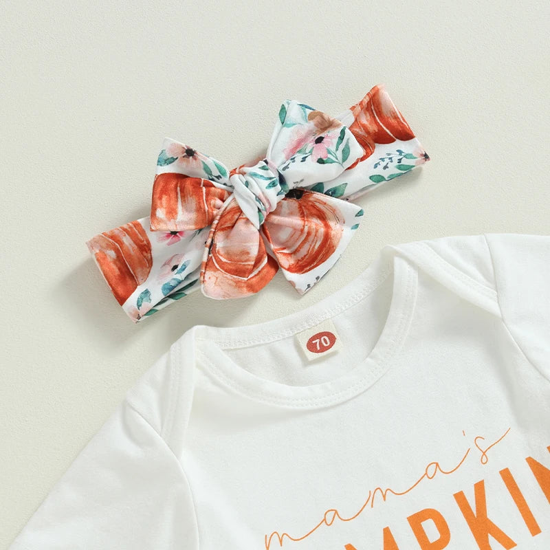 Citgeett Infant Baby Girls Halloween Outfit, Letter Print Short Sleeve Romper with Pumpkin Flare Trousers and Headband
