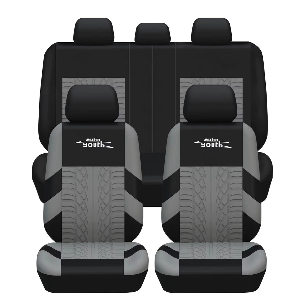 AUTOYOUTH Embroidered Car Seat Covers Full Set, Universal Fit with Tire Track Detail