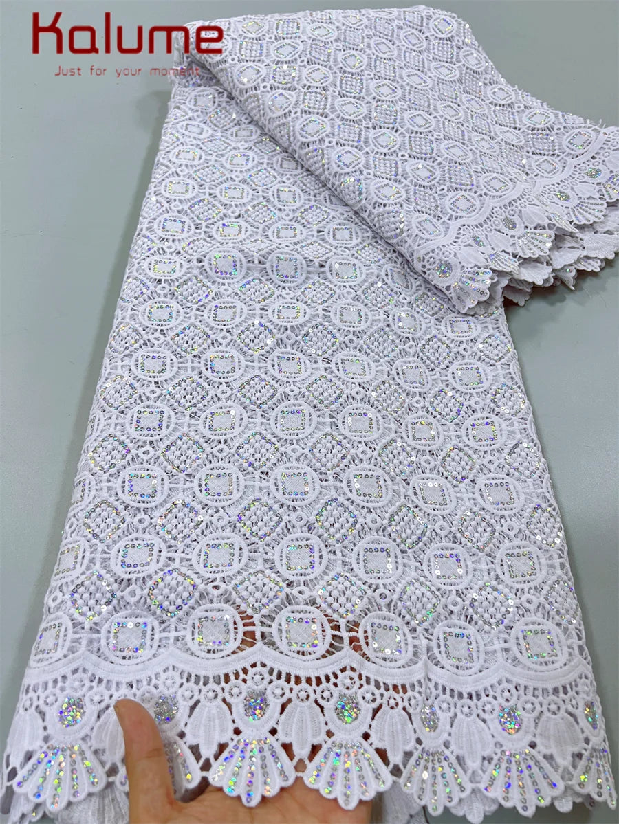 White African Guipure Cord Lace Fabric with Sequins 2025 High Quality Nigerian Guipure Cord Lace for Sewing Wedding Dress F4025