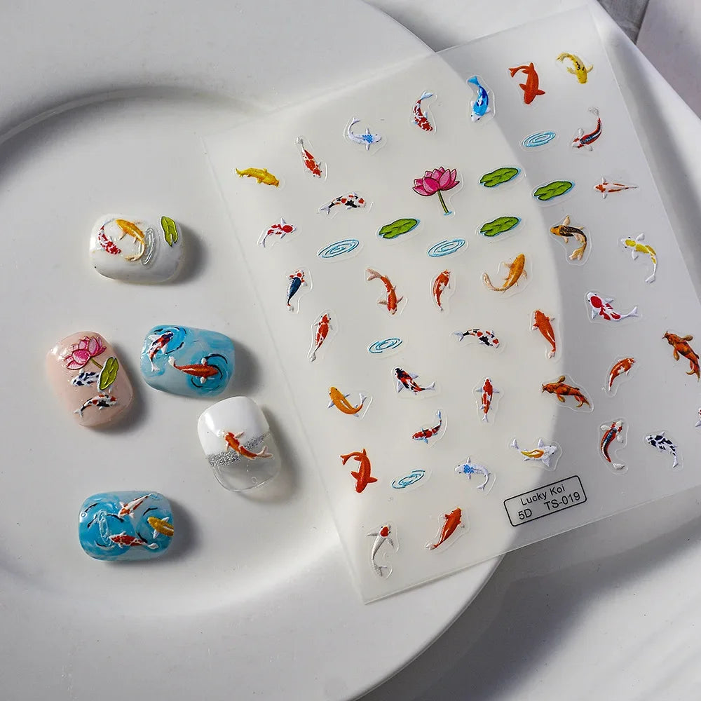 5D Koi Fish Nail Stickers, Green Lotus and Red Carp Nail Art Decals