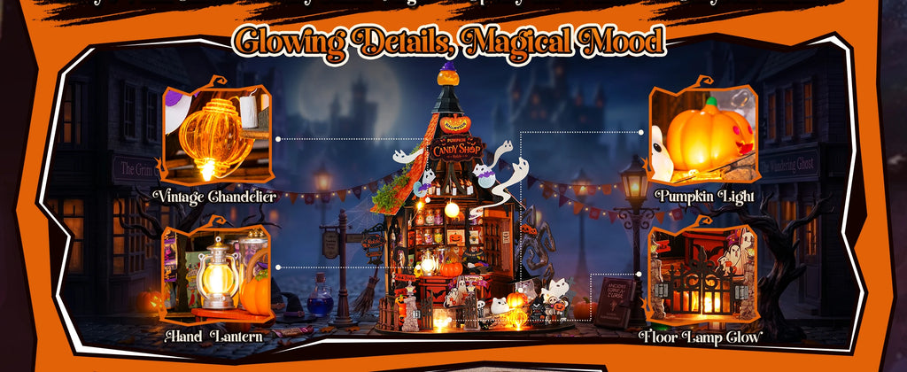 Rolife DIY Miniature House Kit Haunted Candy House Wooden Dollhouse Model Building Kit with LED Light for Home Decor Holiday Gift for Adults Friends