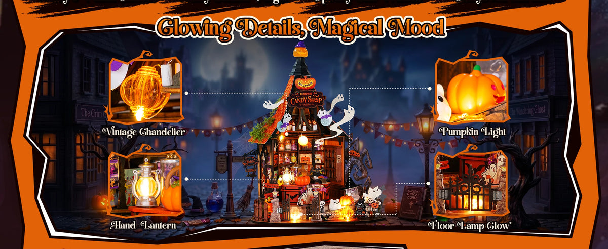 Rolife DIY Miniature House Kit Haunted Candy House Wooden Dollhouse Model Building Kit with LED Light for Home Decor Holiday Gift for Adults Friends