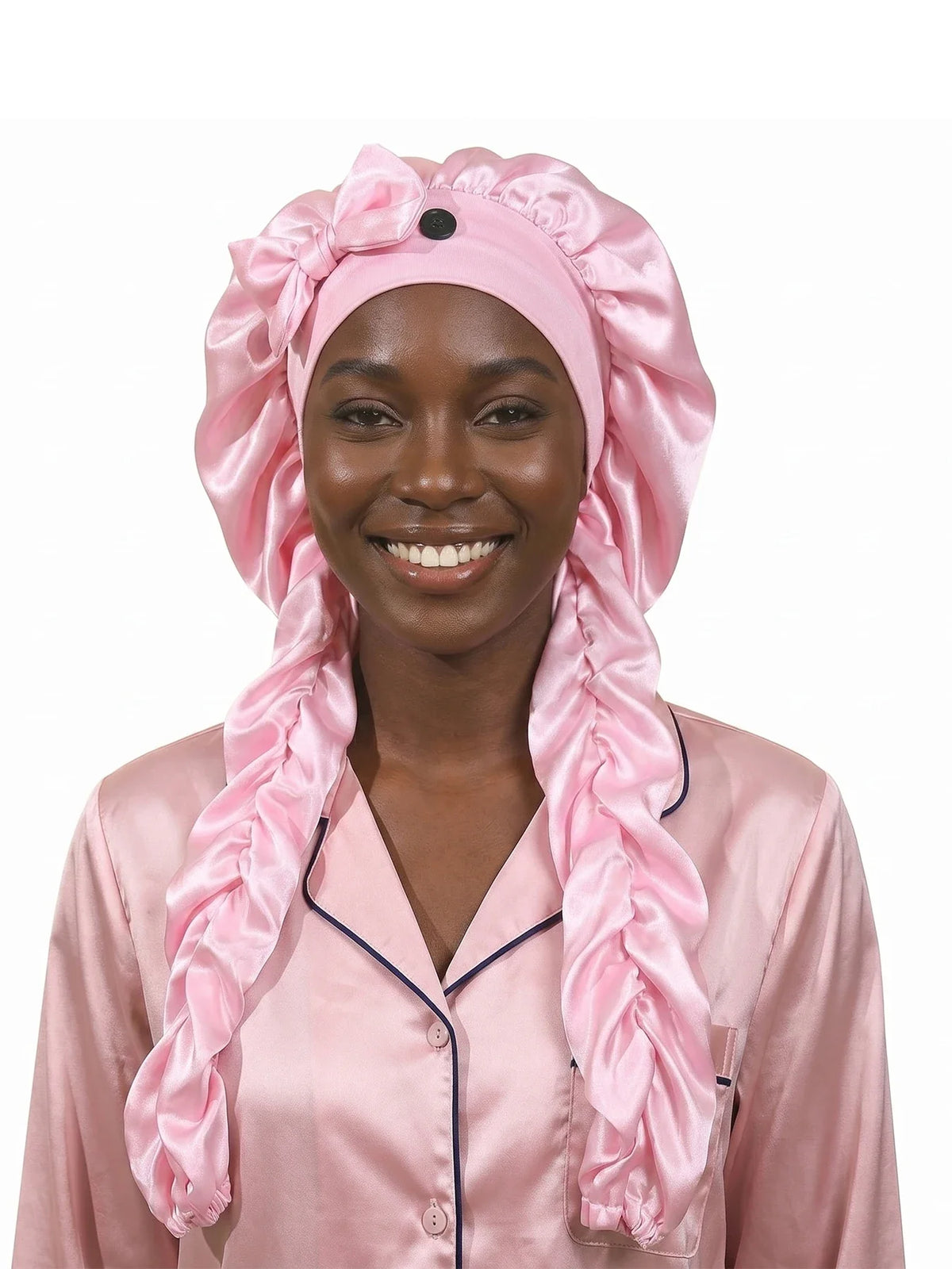 Heatless Curl Satin Sleep Bonnet with Curling Ribbons, No-Slip Bonnet for Long Hair
