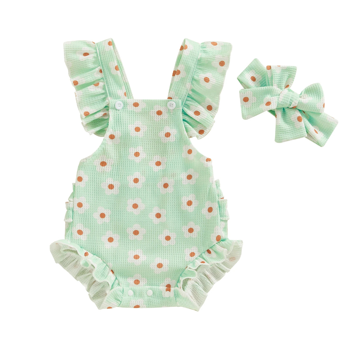 Summer Infant Baby Girls Bodysuit and Headband Flower Print Fly Sleeve Jumpsuit Casual Clothes