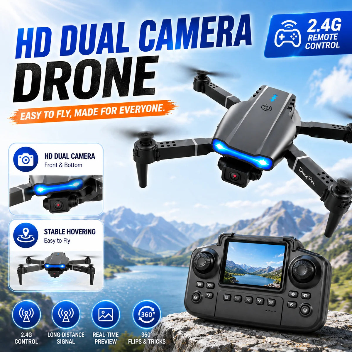 Brushless RC Drone with Dual Camera, One-Key Takeoff, Return Home and Headless Mode
