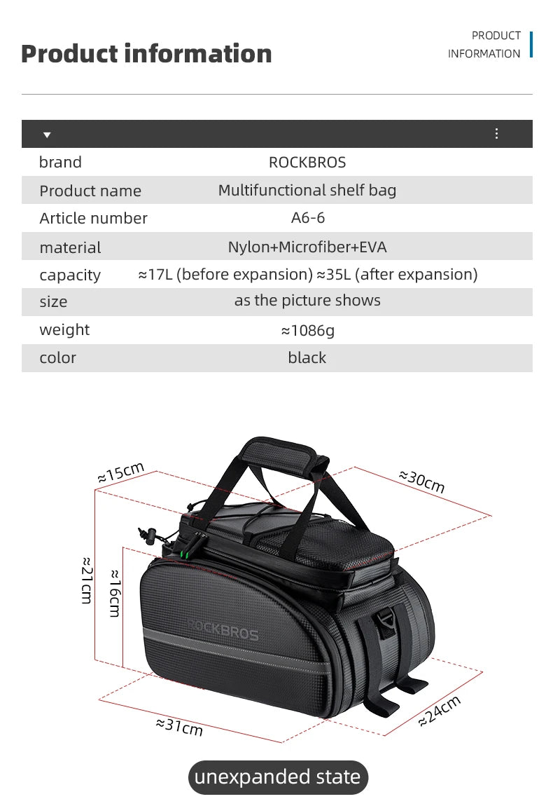 ROCKBROS Bicycle Carrier Bag MTB Bike Bag Trunk Pannier Cycling Large Capacity Travel Bag Package Bags Bicycle Rear Carrier Bags