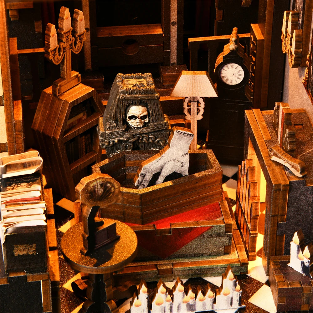 Book Nook Kit Dark Family DIY Wooden Puzzle Gothic Style Halloween Bookshelf Dollhouse Model Bookend Building Home Decoration