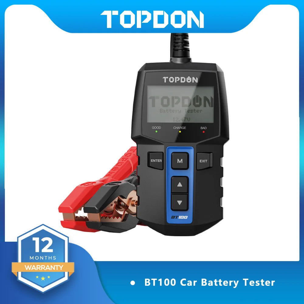TOPDON BT100 12V Car Battery Tester Digital Automotive Diagnostic Battery Tester Analyzer Vehicle Cranking Charging Scanner Tool