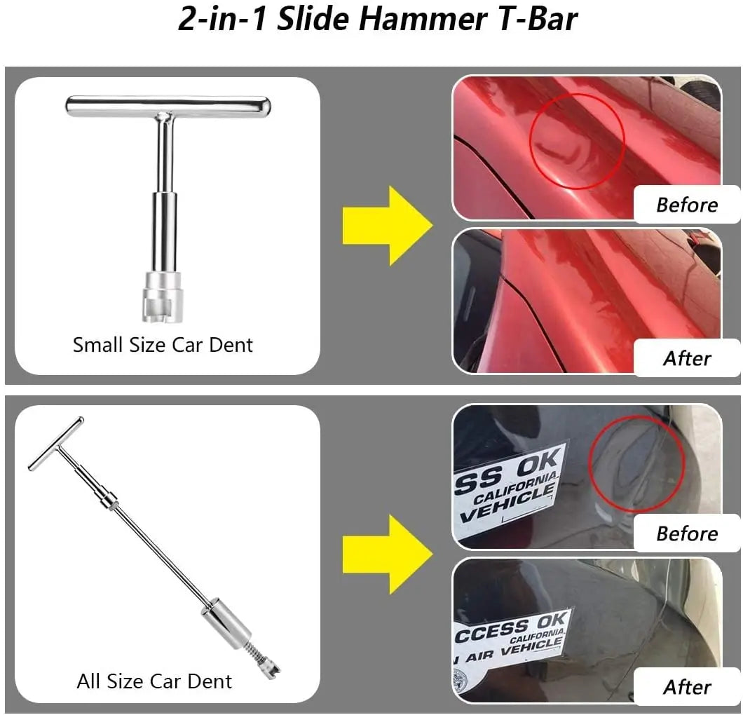 Universal Car Dent Puller Metal T Dent Repair Tool Auto Repair Sheet Metal Kit Slide Hammer Reverse Hammer Glue +18pcs Glue Pull