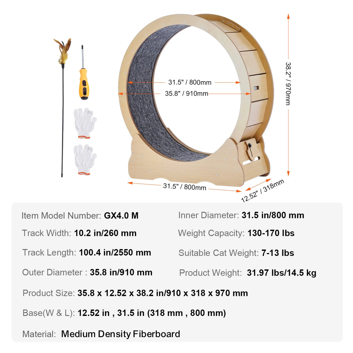 SucceBuy Wooden Cat Exercise Wheel, Large Cat Treadmill with Detachable Carpet and Cat Teaser