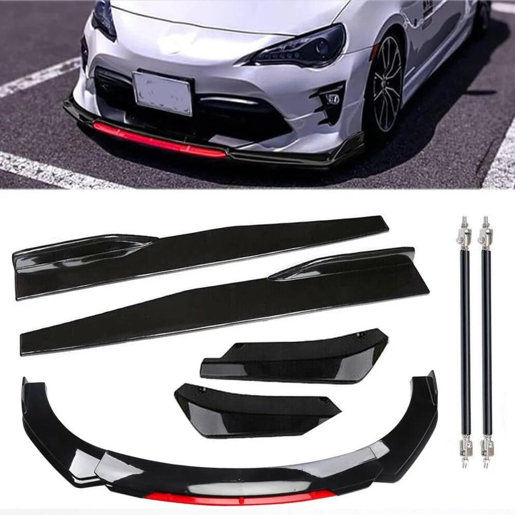 Front Bumper Lip Spoiler Splitter And Side Skirt Kit, Anti-Collision ABS Car Chin Spoiler Diffuser Protector For 1.9M Wide Cars