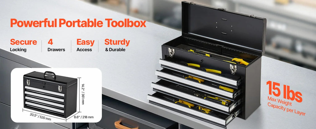 SucceBuy 20.5in Metal Tool Box Portable 4-Drawers Tool Chest with Drawers Locking Multi-Function Tool Organizer for Workshop