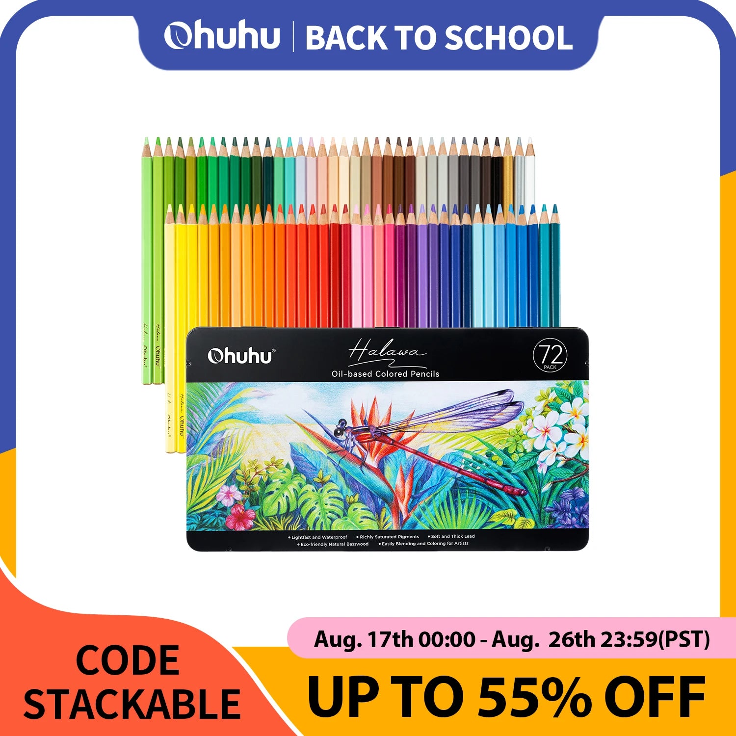 Ohuhu Colored Pencils 72 Oil-based Drawing Pencils for Coloring Portrait Sketching Landscape Durable Soft Core Halawa Series