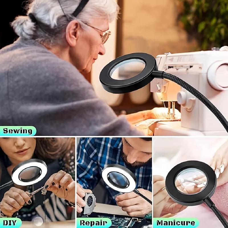 LED Clip-On Magnifying Desk Lamp 5X, USB Dimmable Gooseneck Magnifier Light with 3 Colors