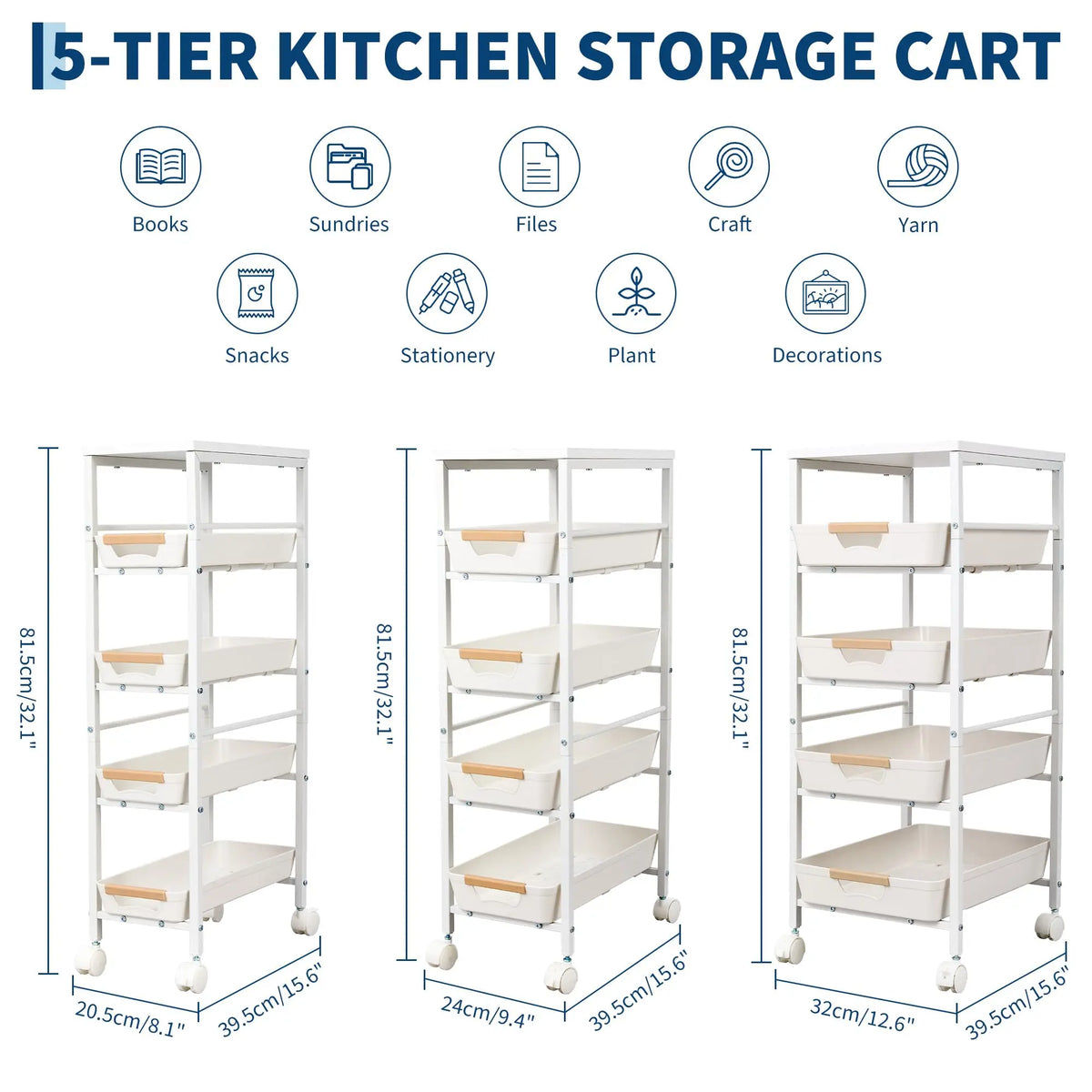 5-Tier Rolling Kitchen Storage Cart with Pull-Out Basket