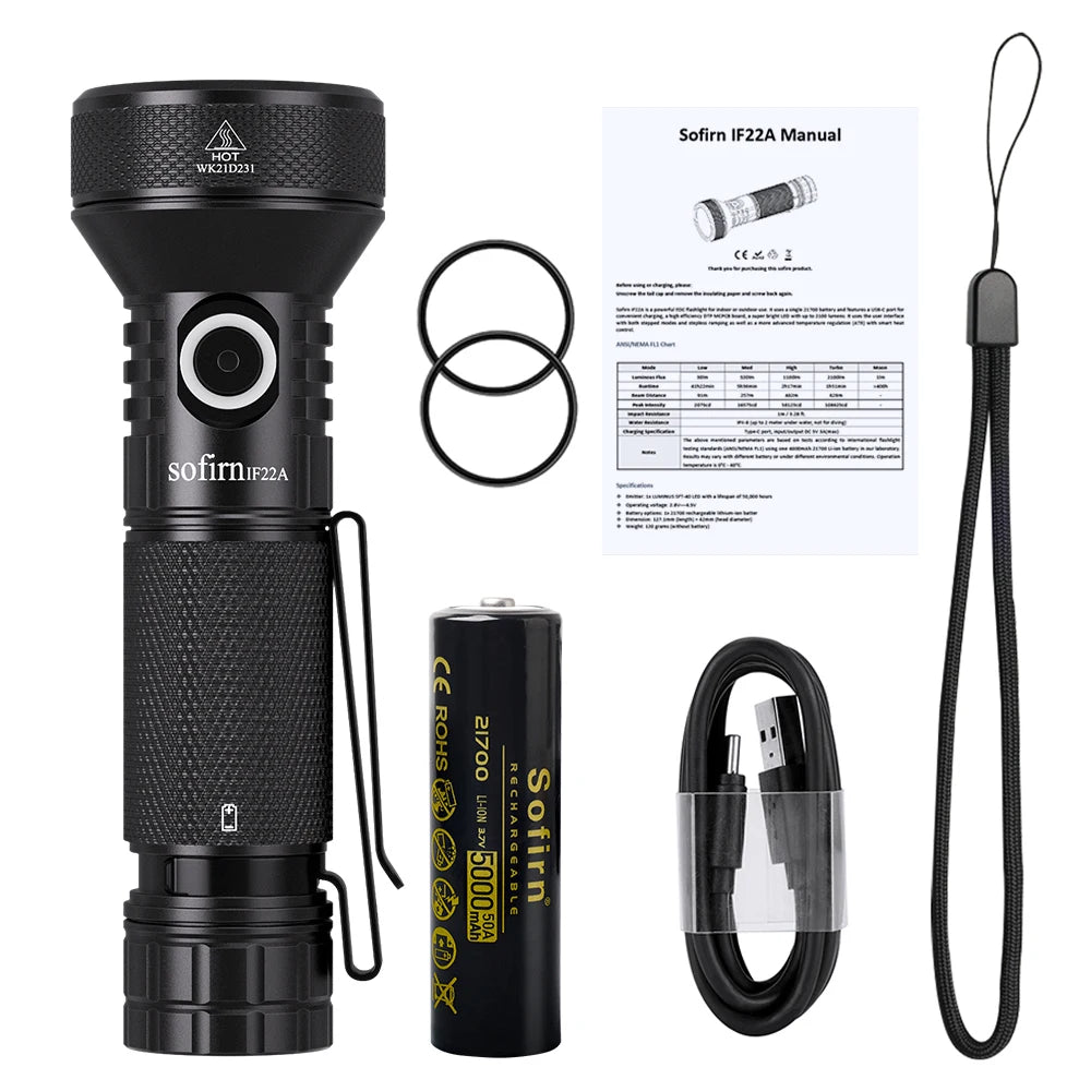 Sofirn IF22A 2100 Lumen Long-Range Flashlight, USB-C Rechargeable 21700 LED Thrower