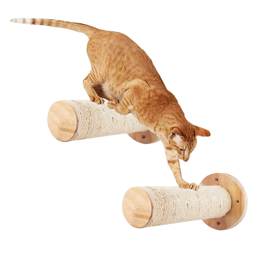 Wall-Mounted Wooden Cat Climbing Ladder with Hammock and Scratching Post