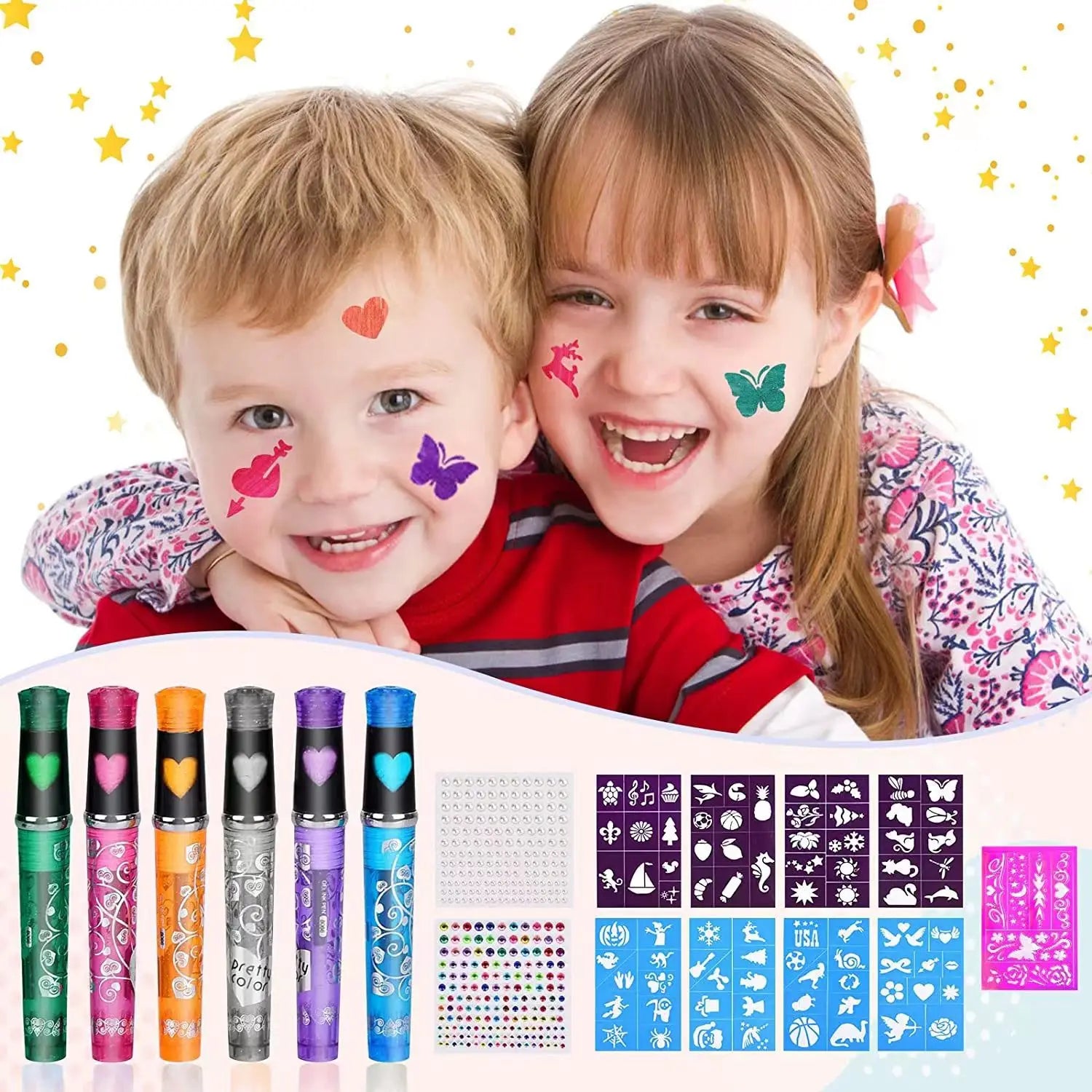 Mixed Color Temporary Tattoo Markers Kit,Washable Body Art Pens with Rhinestone Stickers,Floral Designs for Festivals,Halloween