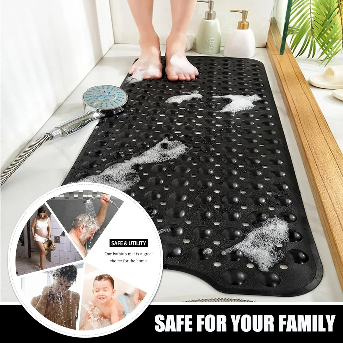 Shower Floor Mat 40x16 Inch,Non Slip Bath Mat With Firm Suction Cups,Extra Large Machine Washable Bathtub Rug,Drain Holes Keep Tub Clean,Waterproof Mold Resistant Rubber PVC Mat,Blue Black Transparent Light Gray,Home Essentia