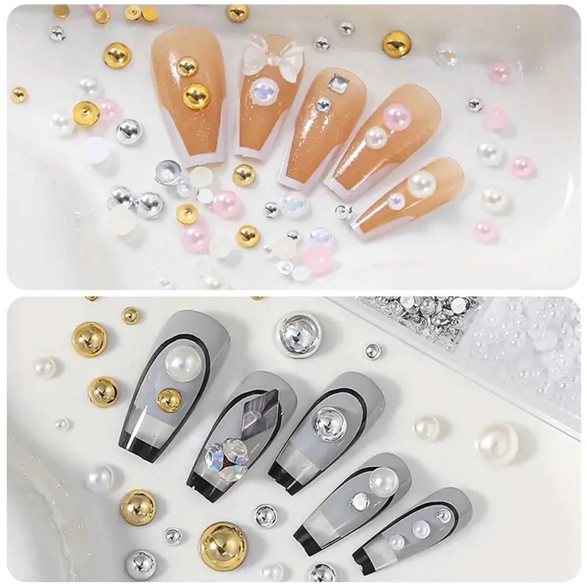 24 Grid Semi-circle Flat Bottom Imitation Pearl Nail Decoration Size White Gold Silver Beige Pink Multiple Color Mix DIY Nail