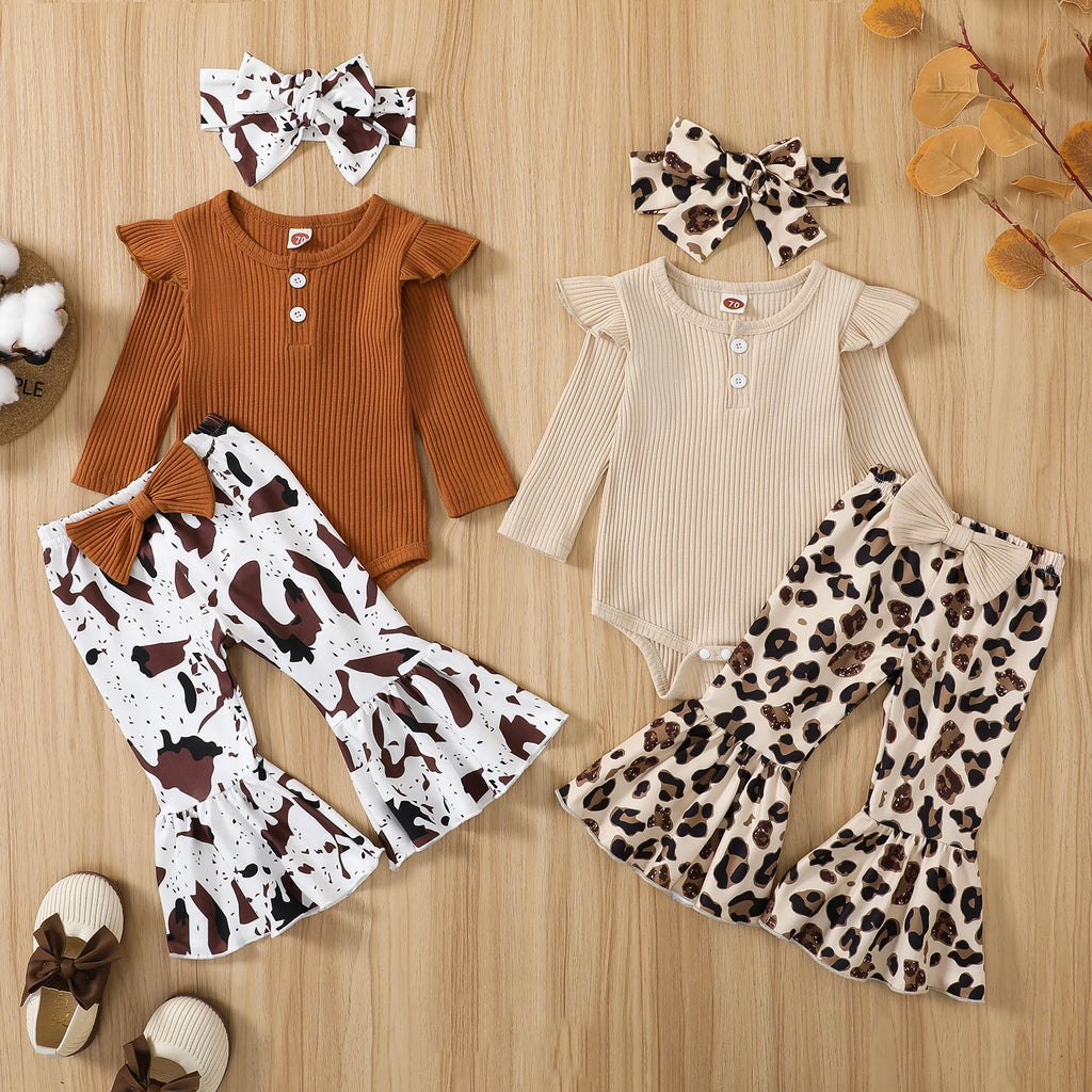 Infant Baby Girl Ribbed Fly Sleeve Romper with Leopard Flare Pants Outfit