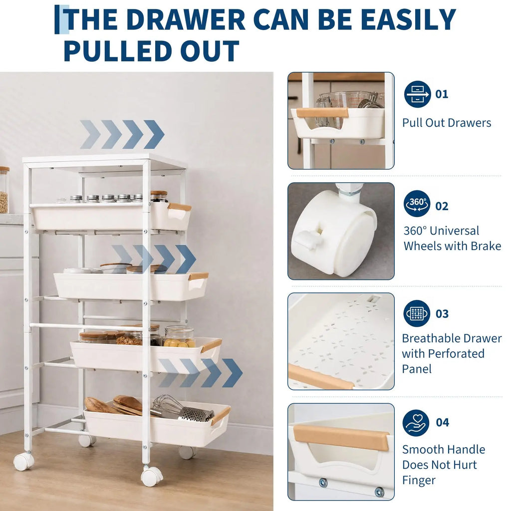 5-Tier Rolling Kitchen Storage Cart with Pull-Out Basket