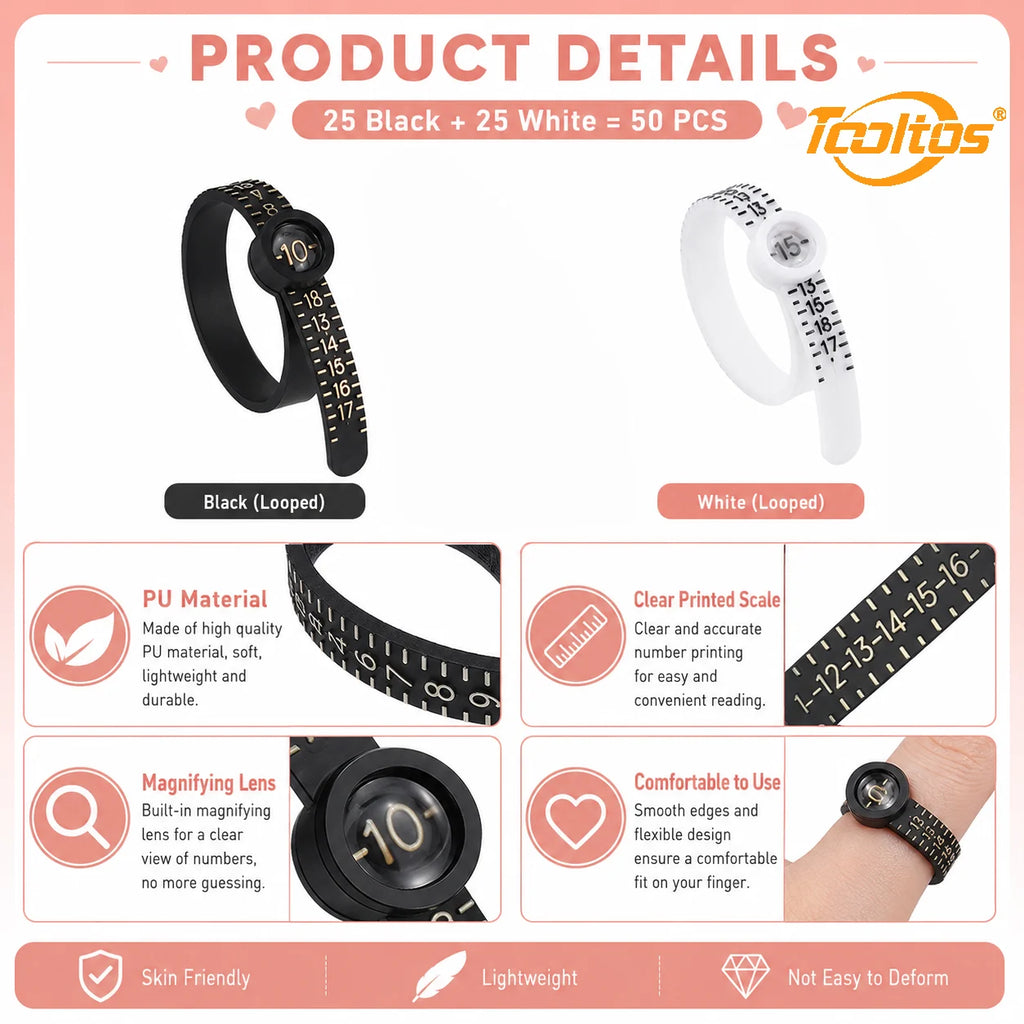 TOOLTOS 50PCS Ring Sizer Measuring Belts with Magnifier US Size 1-17 Adjustable Finger Gauge Black White Jewelry Ring Measuring Tools