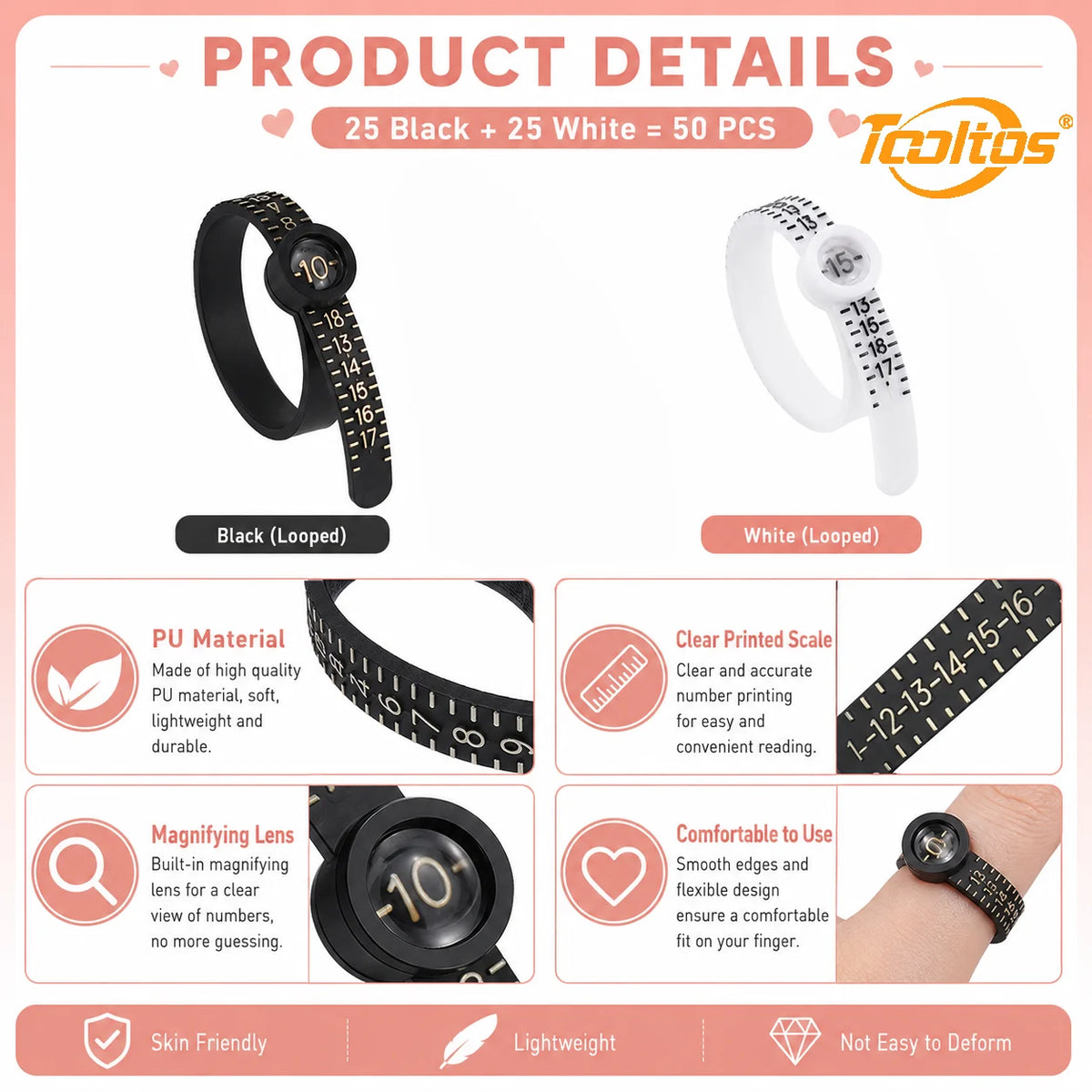 TOOLTOS 50PCS Ring Sizer Measuring Belts with Magnifier US Size 1-17 Adjustable Finger Gauge Black White Jewelry Ring Measuring Tools