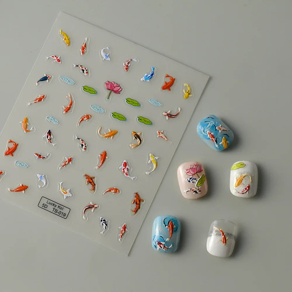 5D Koi Fish Nail Stickers, Green Lotus and Red Carp Nail Art Decals