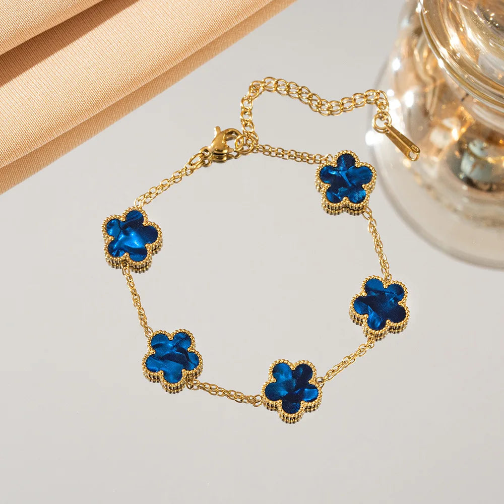 Gradient Color Adjustable Stainless Steel Bracelet for Women Classic Luxury Five Flower Design Fashionable Party Jewelry Gift