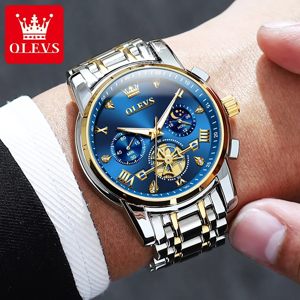 OLEVS Men's Skeleton Chronograph Watch with Moon Phase, Stainless Steel Quartz Wristwatch