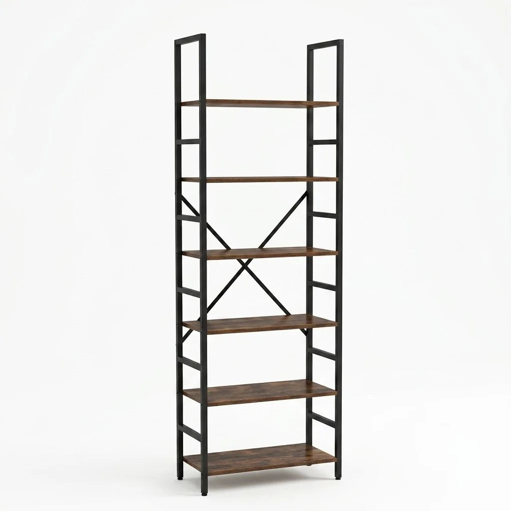 Bookshelf 5＆6 Tier Industrial Rustic Wood Bookcase Open Storage Shelving Unit Black Metal Frame Freestanding Display Rack Multipurpose Storage Organizer for Bedroom Living Room Office Kitchen Plant Decor