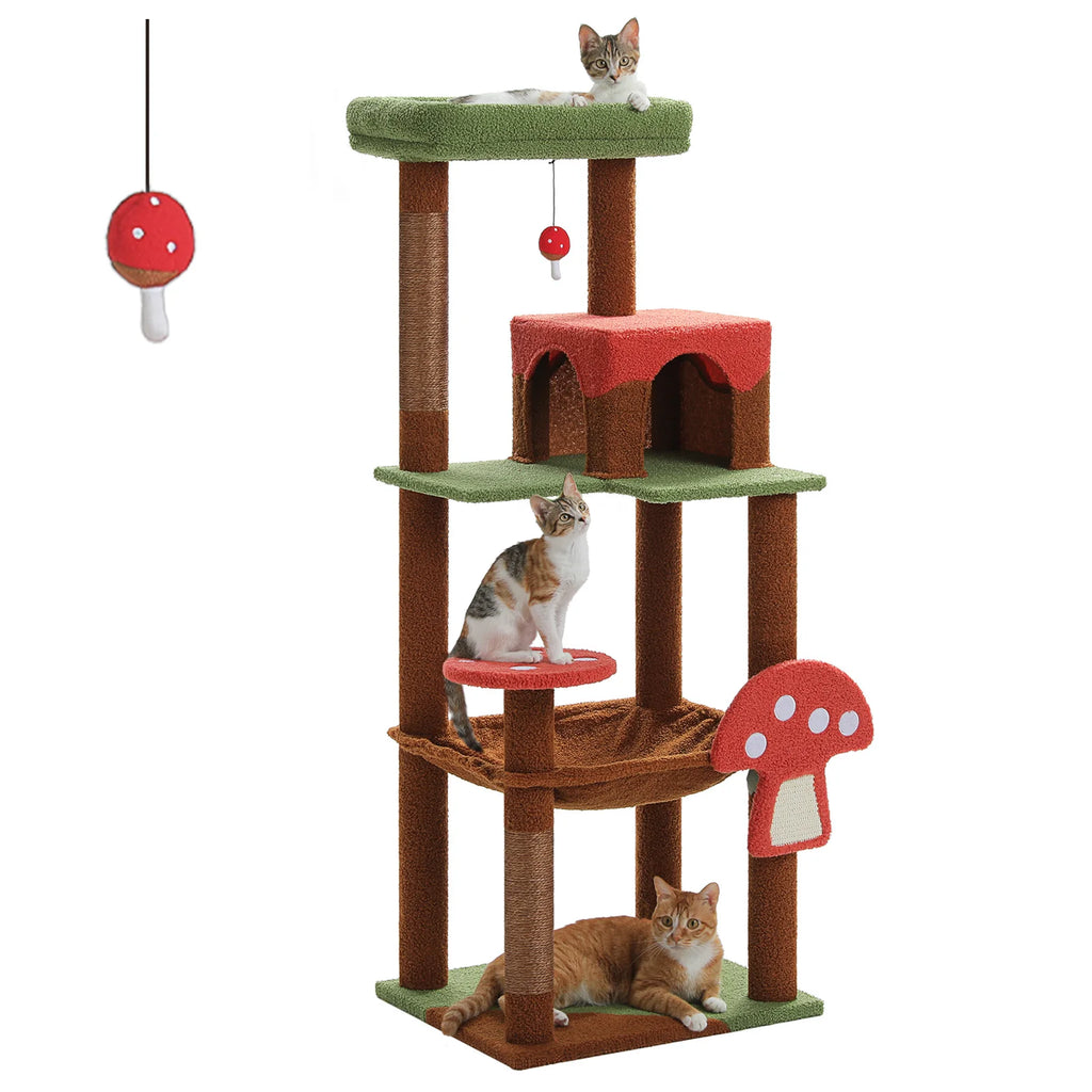 Multi-Level Cat Tree with Scratching Posts Removable Scratcher Large Cat Condo Hammock Mushroom Cat Tower for Indoor Cat Toys