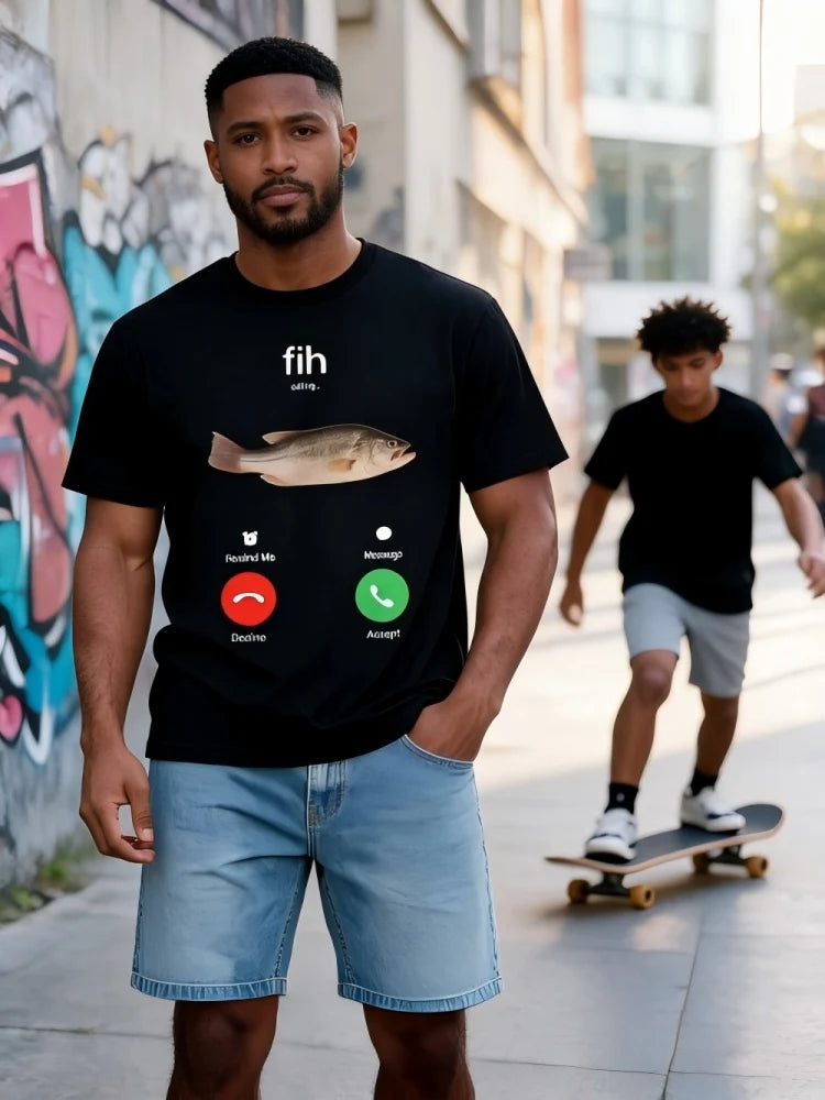 "Fish Calling" Funny Fishing T-Shirt, Men's 100% Cotton Casual Graphic Tee